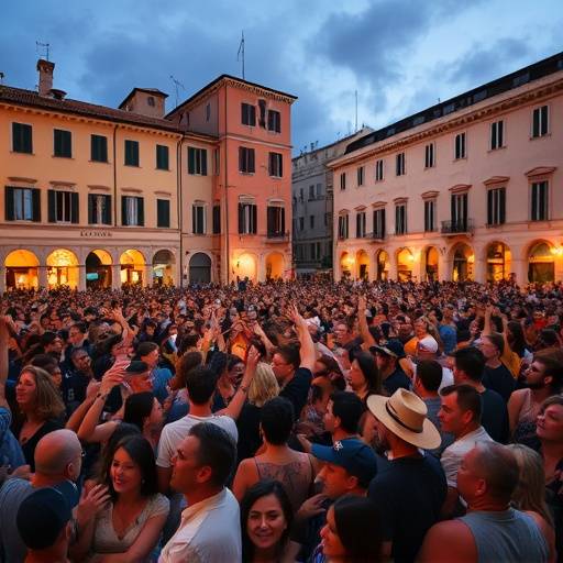 Folla entusiasta durante un concerto all'aperto in una piazza italiana.