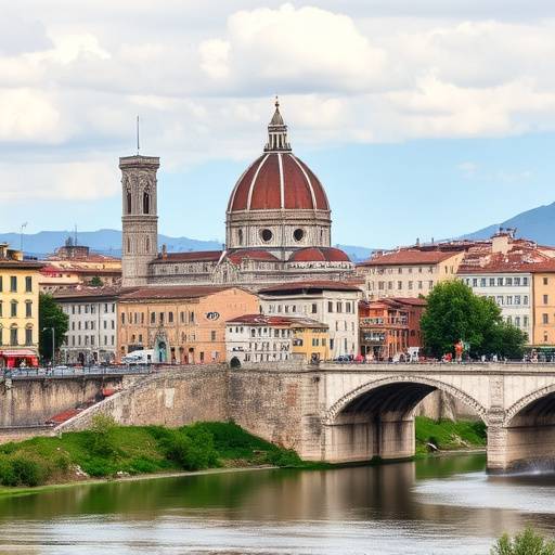 Il Duomo di Firenze visto da lontano, con il fiume Arno in primo piano