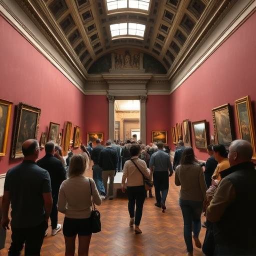Interno della Galleria degli Uffizi a Firenze, con visitatori che ammirano le opere d'arte.