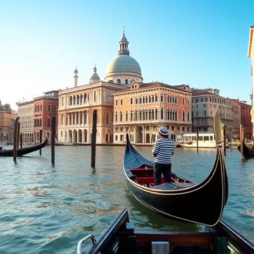 Un gondoliere che rema lungo un canale a Venezia, con edifici storici sullo sfondo