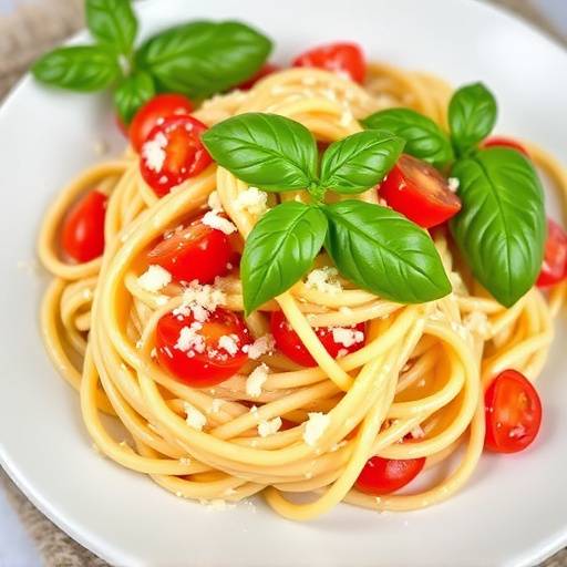 Un piatto di pasta fresca fatta in casa con pomodorini, basilico e parmigiano.
