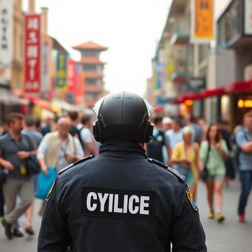 Una guardia di sicurezza che sorveglia una zona turistica affollata