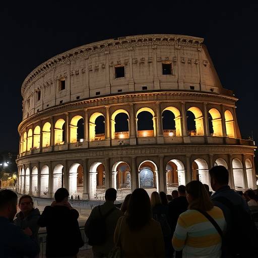 Vista del Colosseo illuminato di notte, con turisti che lo ammirano.