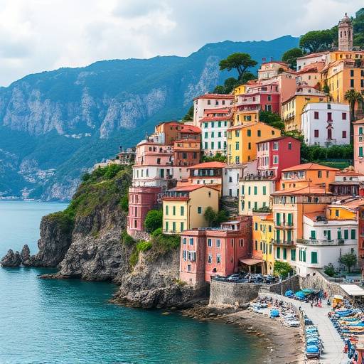 Vista panoramica della Costiera Amalfitana con le case colorate a picco sul mare