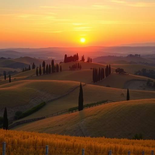 Vista panoramica delle colline toscane al tramonto, con cipressi e campi dorati